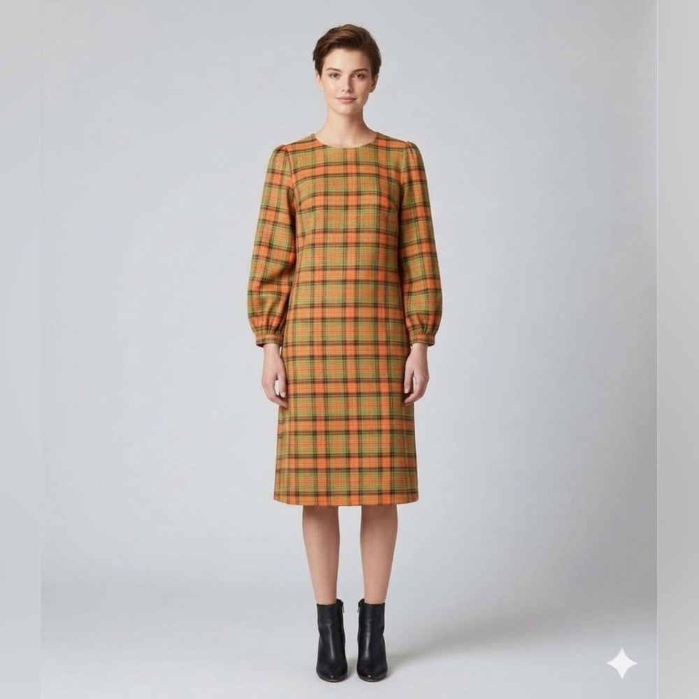 Elegant Orange Plaid Long Sleeve Midi Dress